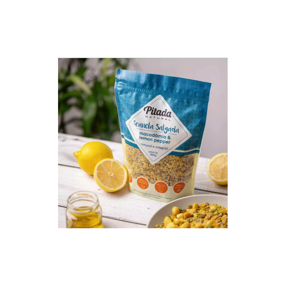 Granola macadamia e lemon pepper pitada natural