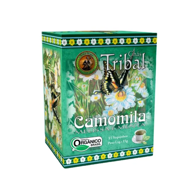 Cha org camomila, melissa e menta tribal